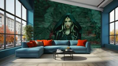 Image of Gorgon Medusa, braid hair and gold snakes, close-up portrait. Gothic make-up in green shades. Background of wild stones. Long black claws and a predatory look. Wall mural