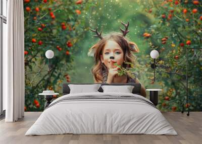 little girl fawn in green summer forest, child plays hide-and-seek holds finger to lips, keeps secret, light brown dress creative tint makeup, homemade antlers, deer carnival costume with horns ears Wall mural