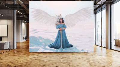 mysterious goddess of peace and justice from heaven near magical fairy white pegasus with strong wings, lady with neat blue hair, bare shoulders and eyes closed, girl in long bright cyan dress Wall mural