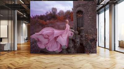 wonderful elegant girl elf with blond fair hair with tiara, wearing a luxurious long light pink fluttering dress costume, standing on the staircase to the tower of the old castle. autumn art photo Wall mural