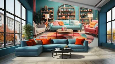 A colorful living room with a blue sofa, two armchairs, a coffee table, and a rug. There are shelves on the wall with plants and other decorations. Wall mural