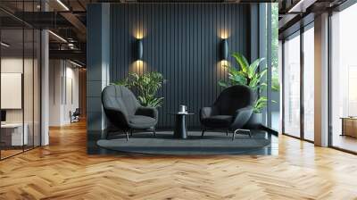 A modern living room with two black armchairs, a coffee table, and plants in front of a dark grey wall with wood paneling. Wall mural