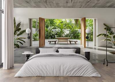 Classic contemporary loft style living and dining room with tropical garden view. Generative Ai Wall mural