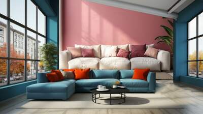 Modern Living Room with Pink Wall and White Sofa Wall mural