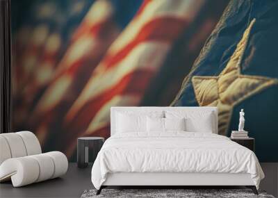 Close-up of a vintage American flag focusing on embroidered stars Wall mural