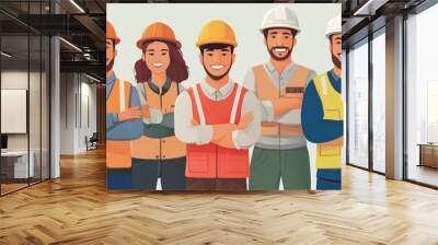 Group of construction workers in safety gear on a light background Wall mural