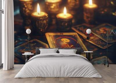 Tarot cards and candles in a dimly lit setting Wall mural