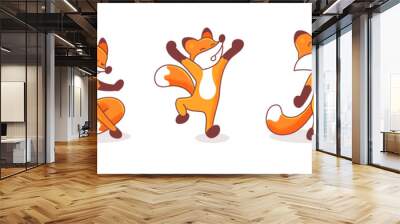 Set of five hand-drawn foxes. Illustrations with animals' emotions. Sticker pack isolated on white background. Animal with arms akimbo, Karate fox, inspired, surprised and calming someone characters. Wall mural