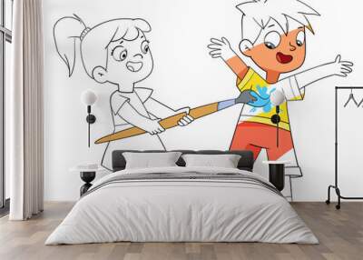 Black and white girl paints the boy in all colors with a big magic brush. Concept drawing for a coloring book. Colorful cartoon characters. Funny vector illustration. Isolated on white background Wall mural