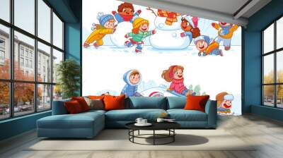 Children in the yard are playing snowballs and sledding from a snow slide. Kids playing in winter outdoors. Colorful cartoon characters. Funny vector illustration. Isolated on white background. Set Wall mural