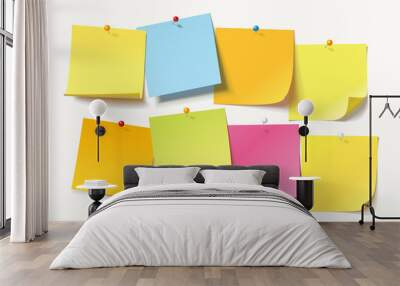 Colored sheets of note papers with curled corner and push pin Wall mural