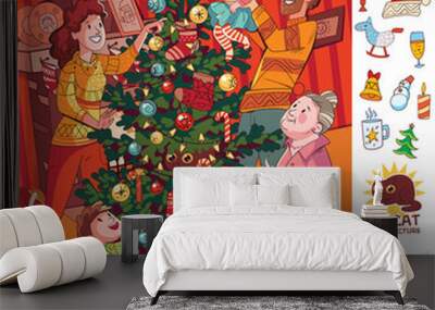 Family decorates christmas tree. Find 10 hidden objects in the p Wall mural