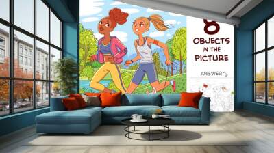 Find 8 objects in the picture. Two girls jogging with a dog Wall mural