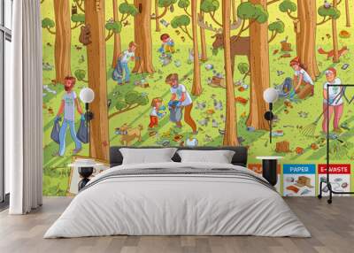 Find hidden objects in the picture. Find and sort the trash. Family collecting garbage Wall mural