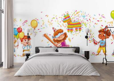 Happy group of children having fun at birthday party Wall mural