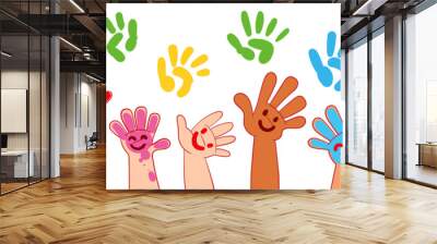 Kids hands in colorful paint with smiles. Colorful cartoon characters. Funny vector illustration. Panoramic banner. Isolated on white background Wall mural