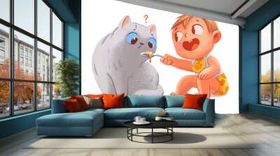 The kid feeds the cat out of the spoon Wall mural