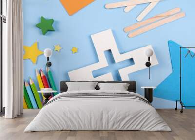  Vacation Bible School craft supply with wooden cross. Christian concept. 
Copy space text. Selective focus. Wall mural