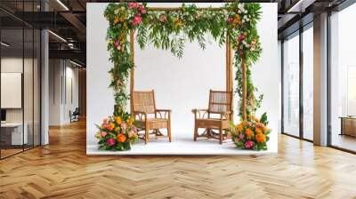 wedding stage with flowers and greenery, add two wooden chairs for bride and groom in bright light mode Wall mural