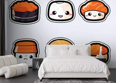 sushi sticker cool colors kawaii clip art illustration Wall mural