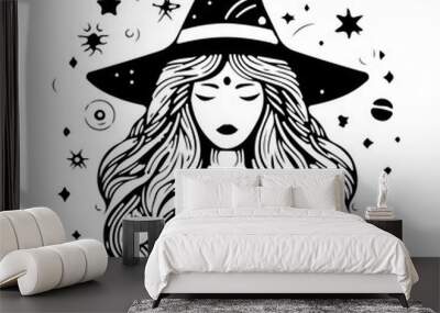  Witch Woman with crescent moon Hand drawn sketch art. Mystical, Celestial and Spiritual theme Wall mural