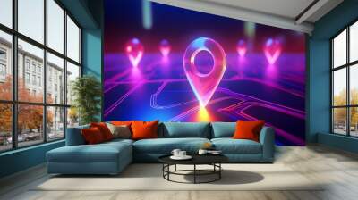 3D isometric city map with pin mark and glowing line move path Wall mural