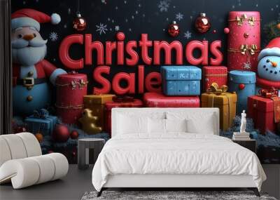 3D text CHRISTMAS SALE. text decorated with Christmas elements such as a Santa Claus, gifts, a Christmas tree, and a snow Wall mural