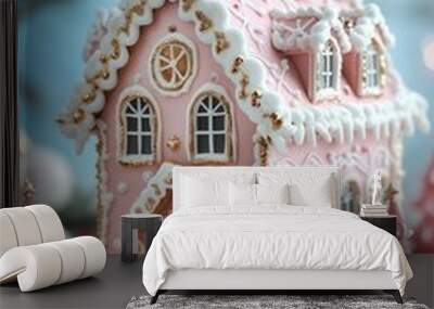 A beautiful delicious gingerbread house decorated for Christmas, with pastel pink and blue colors, on an isolated light cyan background Wall mural