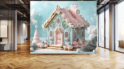 A beautiful delicious gingerbread house decorated for Christmas, with pastel pink and blue colors, on an isolated light cyan background Wall mural