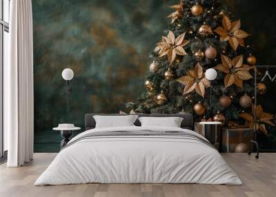 A Christmas tree decorated with metallic gold and silver ornaments, poinsettias flowersat, presents under the tree, dark green background Wall mural