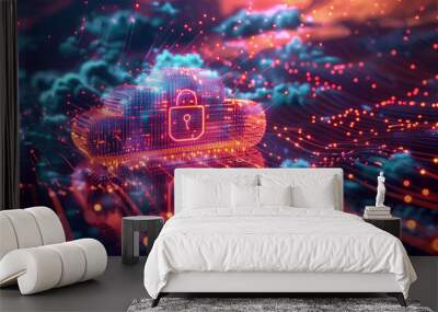 A cloud computing diagram with Syber security of cloud network, with secure network connections and a central lock symbol, Cloud Security, dynamic and dramatic compositions, with copy space Wall mural