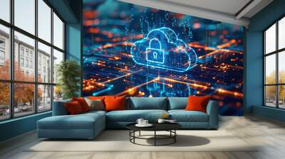 A cloud computing diagram with Syber security of cloud network, with secure network connections and a central lock symbol, Cloud Security, dynamic and dramatic compositions, with copy space Wall mural