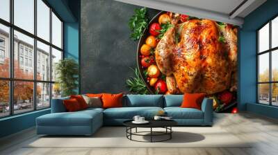 A fresh juicy turkey on the table, surrounded by vegetables and cooking utensils on a wooden background. used for a restaurant menu or a Christmas or Thanksgiving festive dish Wall mural