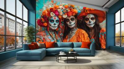 A group of friends dressed in colorful Día de los Muertos Day of the Dead attire, with their faces painted like skulls and flowers, standing against an urban graffiti wall.  Wall mural