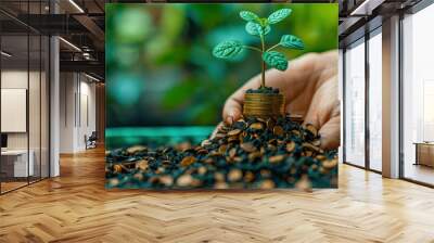 A sprouts growing from a stack of gold coins. A seedling is growing on a coin lying on the ground. Green investment concept, Rising money to invest. financial growth concept Wall mural