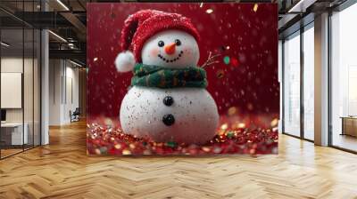 A traditional real snowman with a green scarf and a red hat on a red solid color background with flying red gold and green metallic confetti  Wall mural