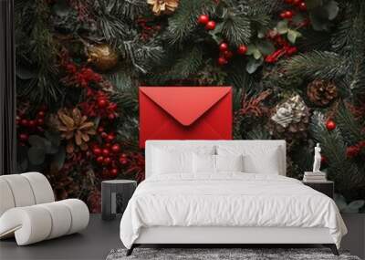 an envelope in the middle of a coniferous festive Christmas wreath decorated with christmas baubles Wall mural