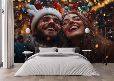 attractive couple celebrating Christmas wearing white and red antlers with confetti coming out as they laugh joyfully Wall mural