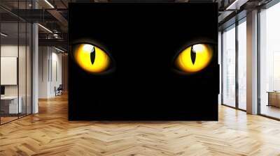 Cat eyes glow in the dark on a black background. Wall mural