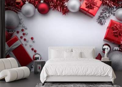 Christmas background with red and silver theme decorations, white space in the center for text or design, red gift boxes, tinsel decoration. Wall mural