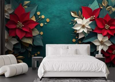 Christmas Poinsettia flowers in red, white, and green paper cut art with copy space on a green background Wall mural