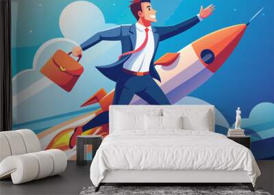 Concept of business startup, launching of a new company. Businessman flying on a rocket up. 3d illustration. Wall mural