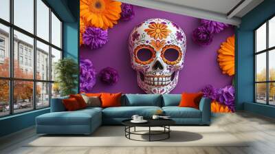 dia de los muertos festive sugar skull mask with dahlias, roses and orange marigolds on a purple background, flat lay photography Wall mural