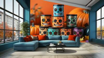 dia de los muertos sugar skulls stacked on top of each other, surrounded by flying confetti and pumpkins, orange background, Halloween vibe  Wall mural