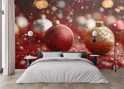 falling golden and silver glittering Christmas bauble, confetti flying around Wall mural