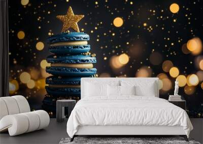 Macarons in the shape of a Christmas tree, with a star on top, on a dark background with golden lights Wall mural