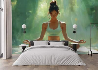 Mind-Body Wellness Day. a woman doing yoga in the lotus position, with a green background and sun rays Wall mural