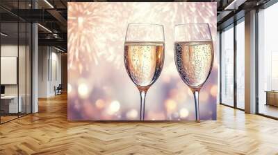 New Year's Eve toast, two champagne glasses with a sparkling background of fireworks and confetti Wall mural