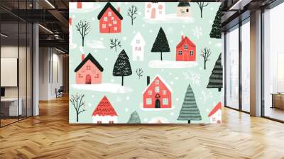 risograph printing illustrator a seamless pattern with cute Christmas trees for festive packaging design Wall mural