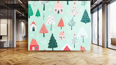 risograph printing illustrator a seamless pattern with cute Christmas trees for festive packaging design Wall mural